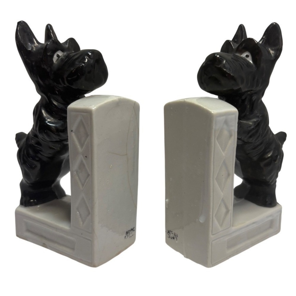Black and White Ceramic Scottie‎ Dog Bookends Made in Japan Figurine Vintage